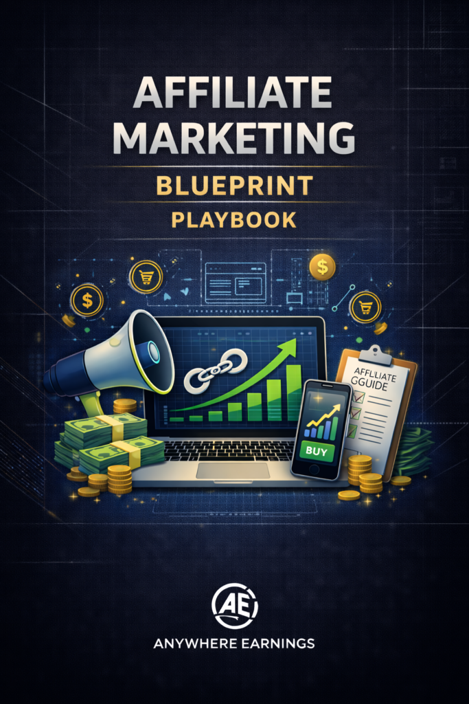 Affiliate Marketing Blueprint Playbook cover showing laptop, growth charts, affiliate icons, and Anywhere Earnings logo