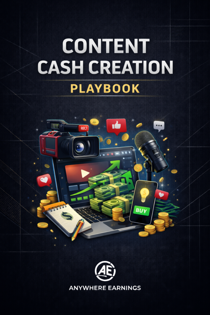 Content Cash Creation Playbook cover showing content creation tools, video icons, cash flow graphics, and Anywhere Earnings logo