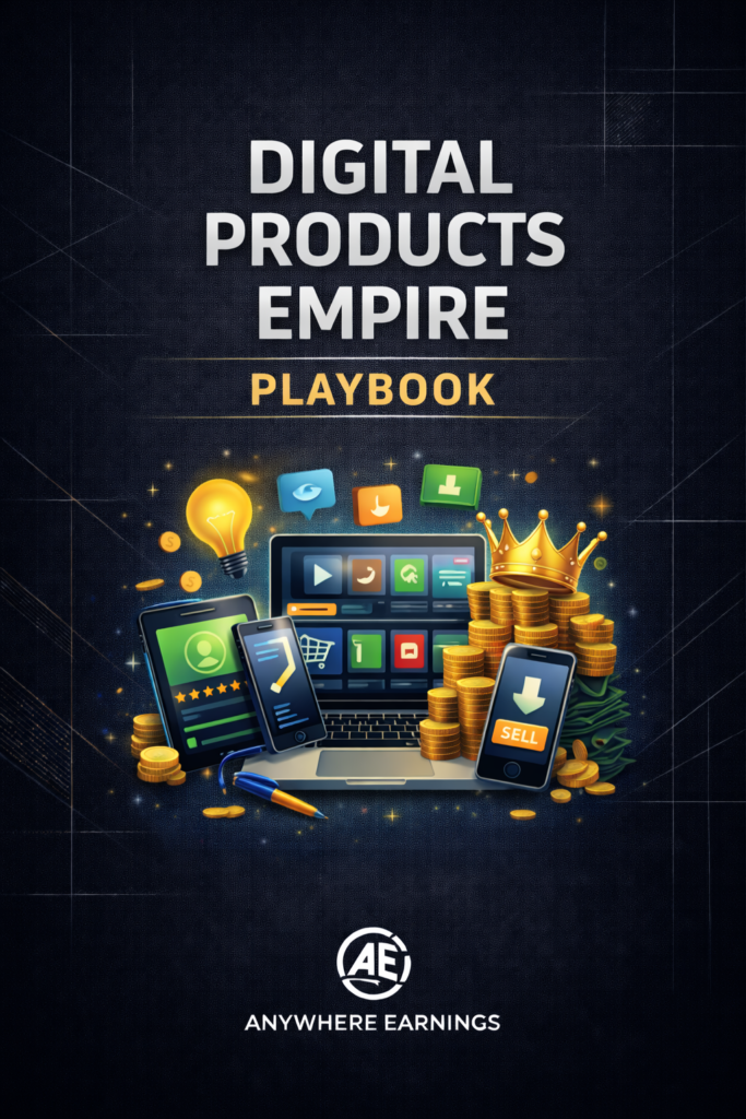 Digital Products Empire Playbook cover showing digital devices, product icons, crown, income graphics, and Anywhere Earnings logo