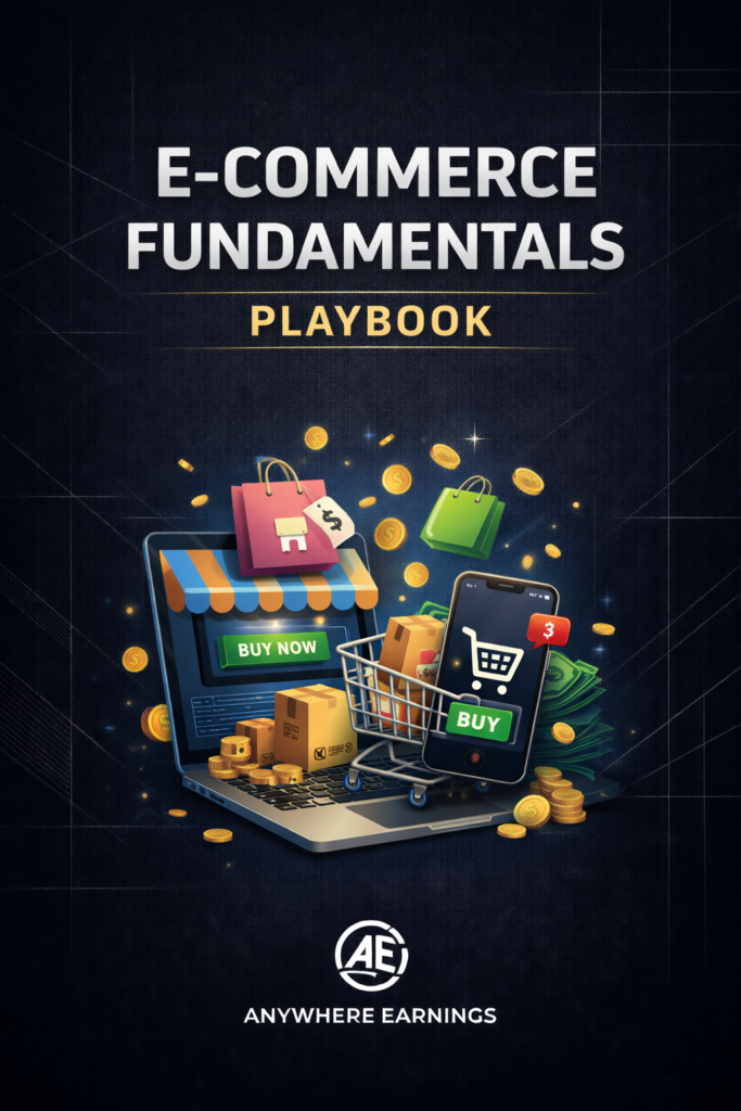 E-Commerce Fundamentals Playbook cover with online store graphics, shopping cart, digital devices, and Anywhere Earnings logo