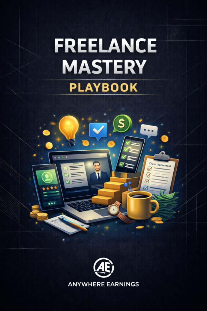 Freelance Mastery Playbook cover featuring laptop, client workflow tools, income graphics, and Anywhere Earnings logo