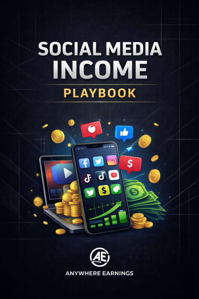 Social Media Income Playbook cover featuring social media icons, smartphone, cash graphics, and Anywhere Earnings logo
