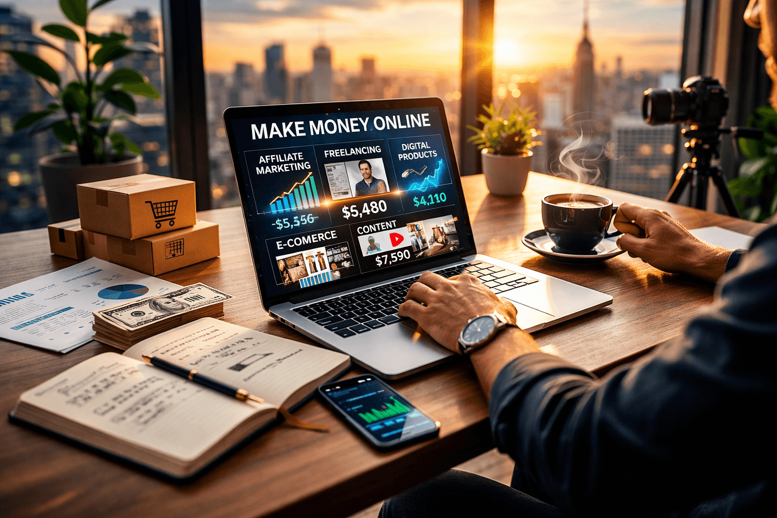 Entrepreneur working on a laptop showing make money online dashboard with affiliate marketing, freelancing, digital products, ecommerce, and content income streams.