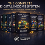 Complete Digital Income System bundle showing six digital playbook book covers including Affiliate Marketing, Content Creation, Digital Products, Social Media Income, Freelance Mastery, and E-Commerce Fundamentals