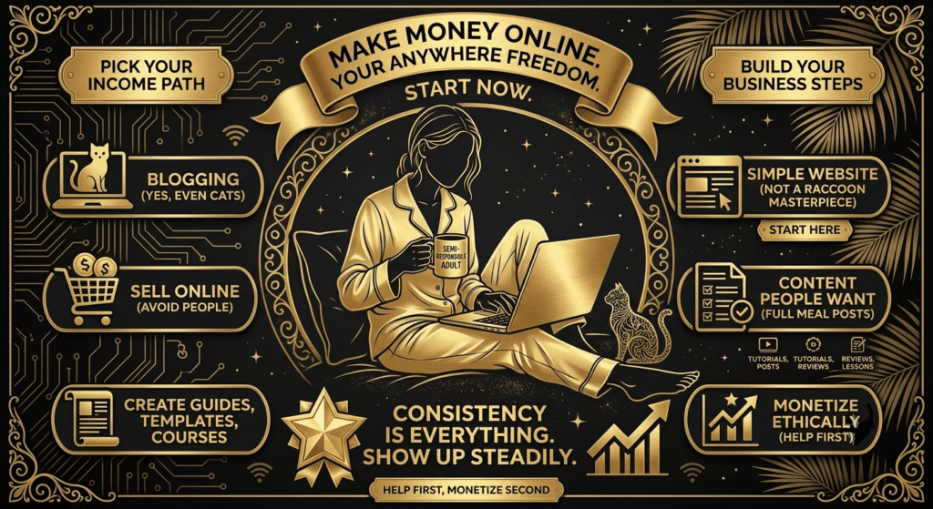 A complex black and gold infographic styled after an ancient command center, detailing 4 ways to make money from anywhere. It features four main 'portals' with illustrative gold icons for Picking Your Path, Building Your Site, Creating Content, and Monetizing Ethically, all connected to a central figure working on a laptop.