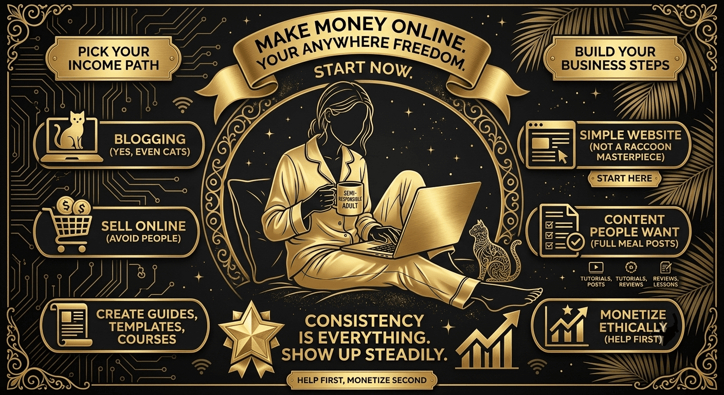 A complex black and gold infographic styled after an ancient command center, detailing 4 ways to make money from anywhere. It features four main 'portals' with illustrative gold icons for Picking Your Path, Building Your Site, Creating Content, and Monetizing Ethically, all connected to a central figure working on a laptop.