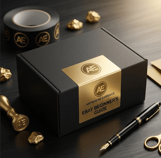 A luxury matte black shipping box featuring a premium gold label that reads Anywhere Earnings Ebay Beginner's Guide, styled with gold accents, an elegant fountain pen, and a custom branded wax seal to showcase how to make money on ebay as a beginner.