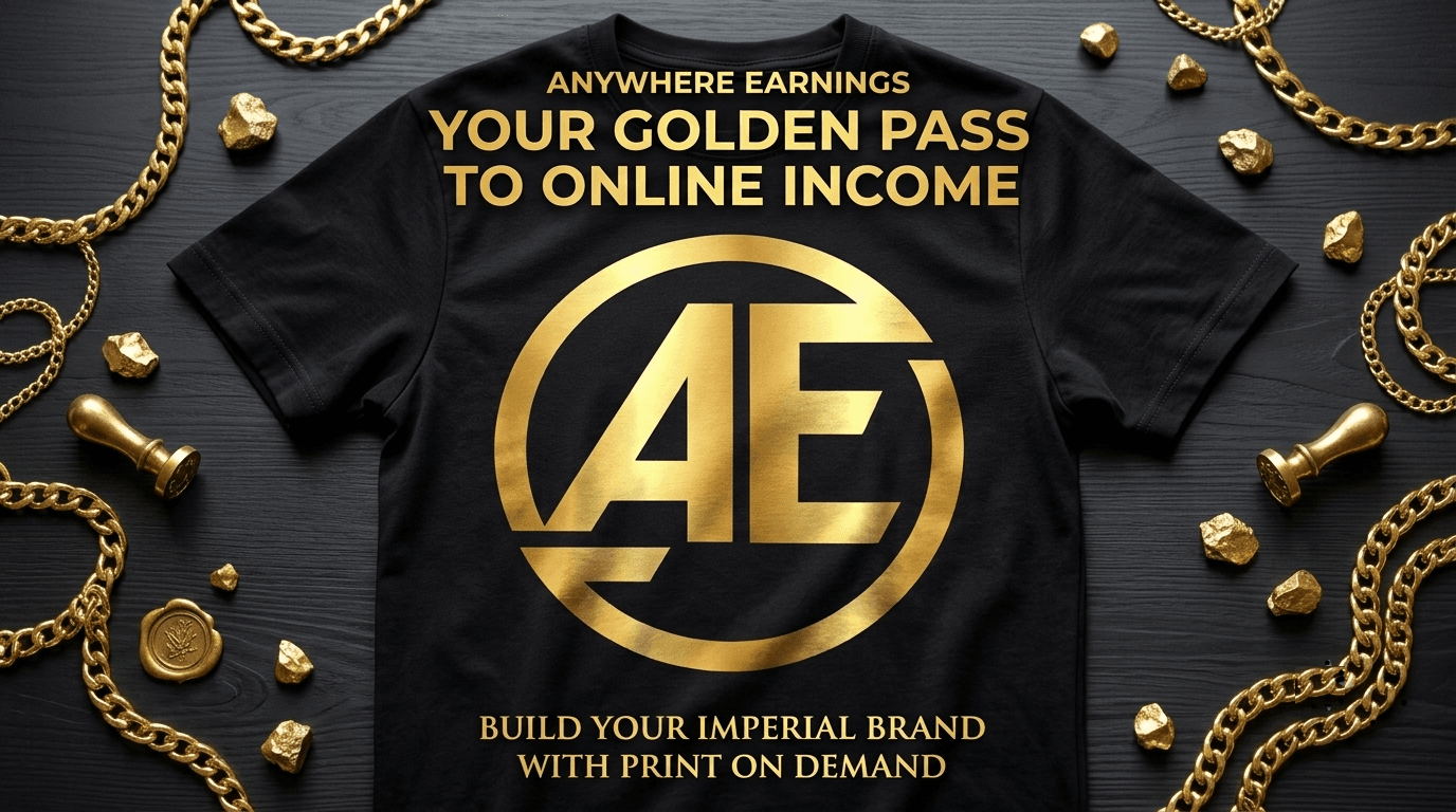 A premium black t-shirt mockup with a metallic gold Anywhere Earnings logo, surrounded by gold chains and nuggets on a dark background, illustrating how to make money with print on demand.
