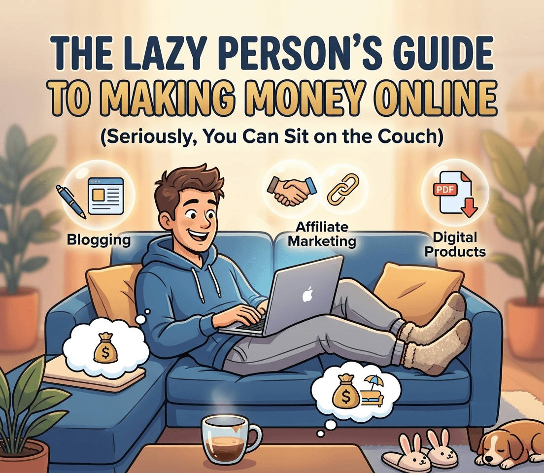 An illustration of a relaxed man sitting on a couch working on his laptop, featuring tips on making money online through blogging, affiliate marketing, and digital products.