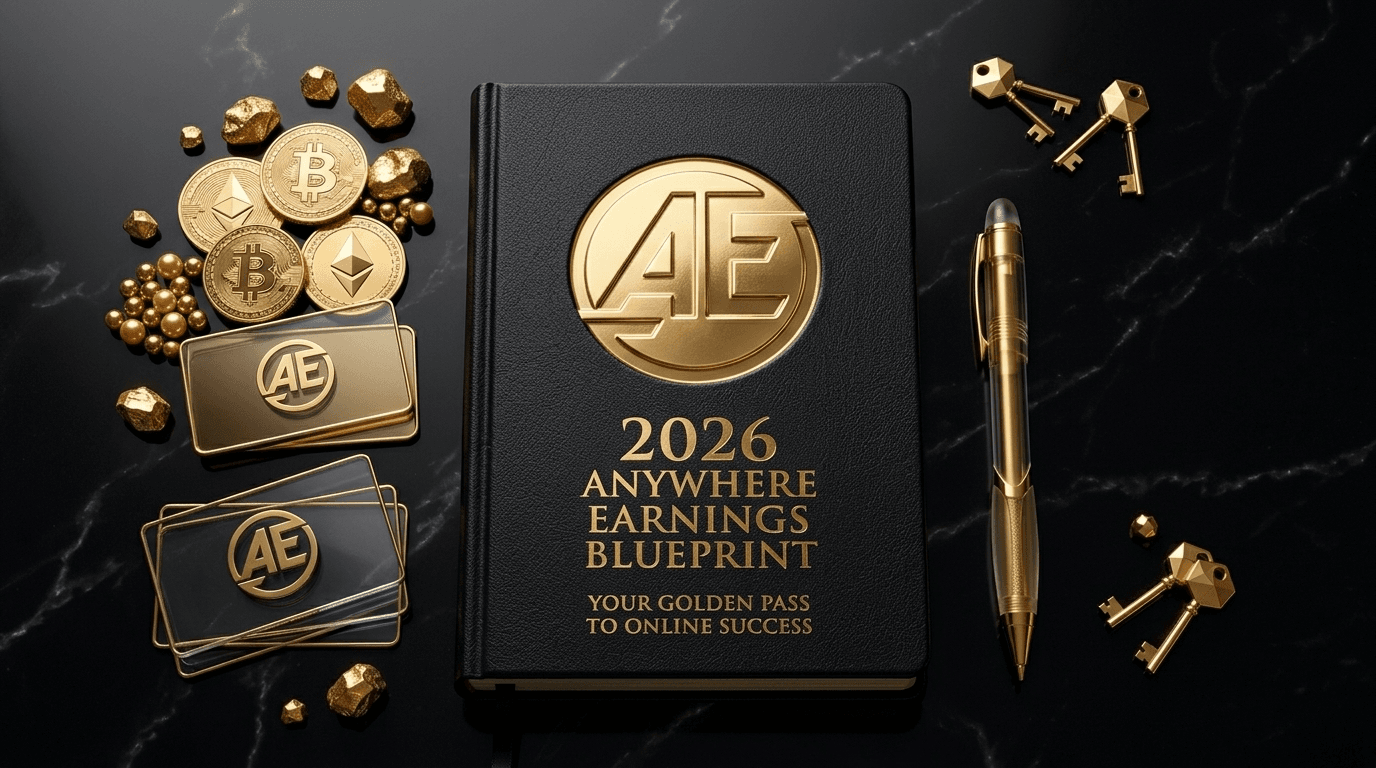 Black leather journal featuring the AE logo and gold text reading 2026 Anywhere Earnings Blueprint Your Golden Pass to Online Success, surrounded by gold keys and coins on a black marble background.