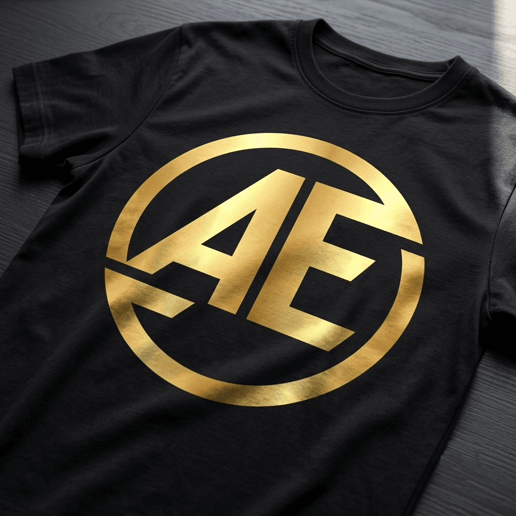 A black custom t-shirt mockup featuring a bold gold Anywhere Earnings logo on a dark wooden background, showcasing how to make money with print on demand.