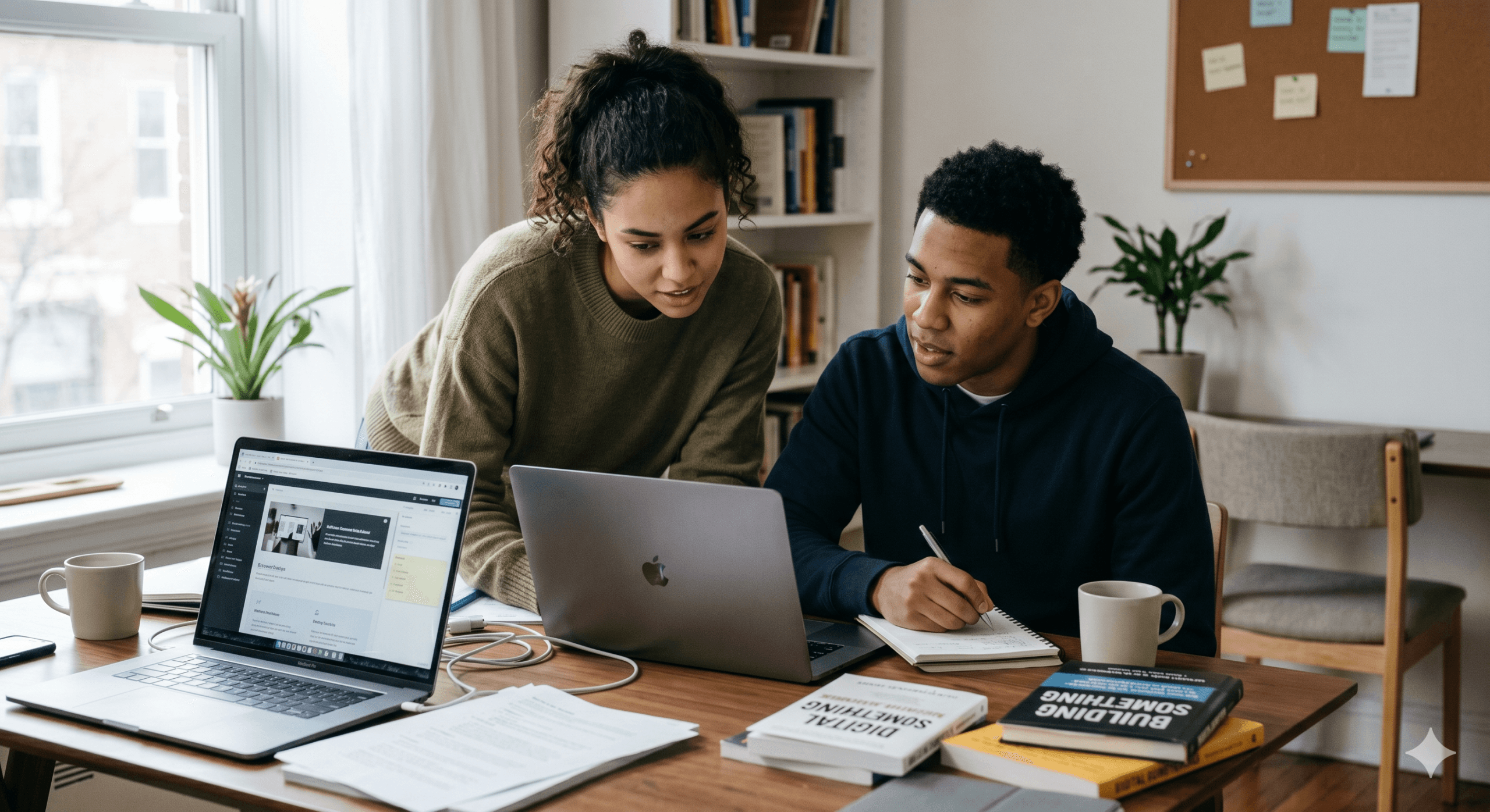 Two people learning how to make money online from scratch in a home office.