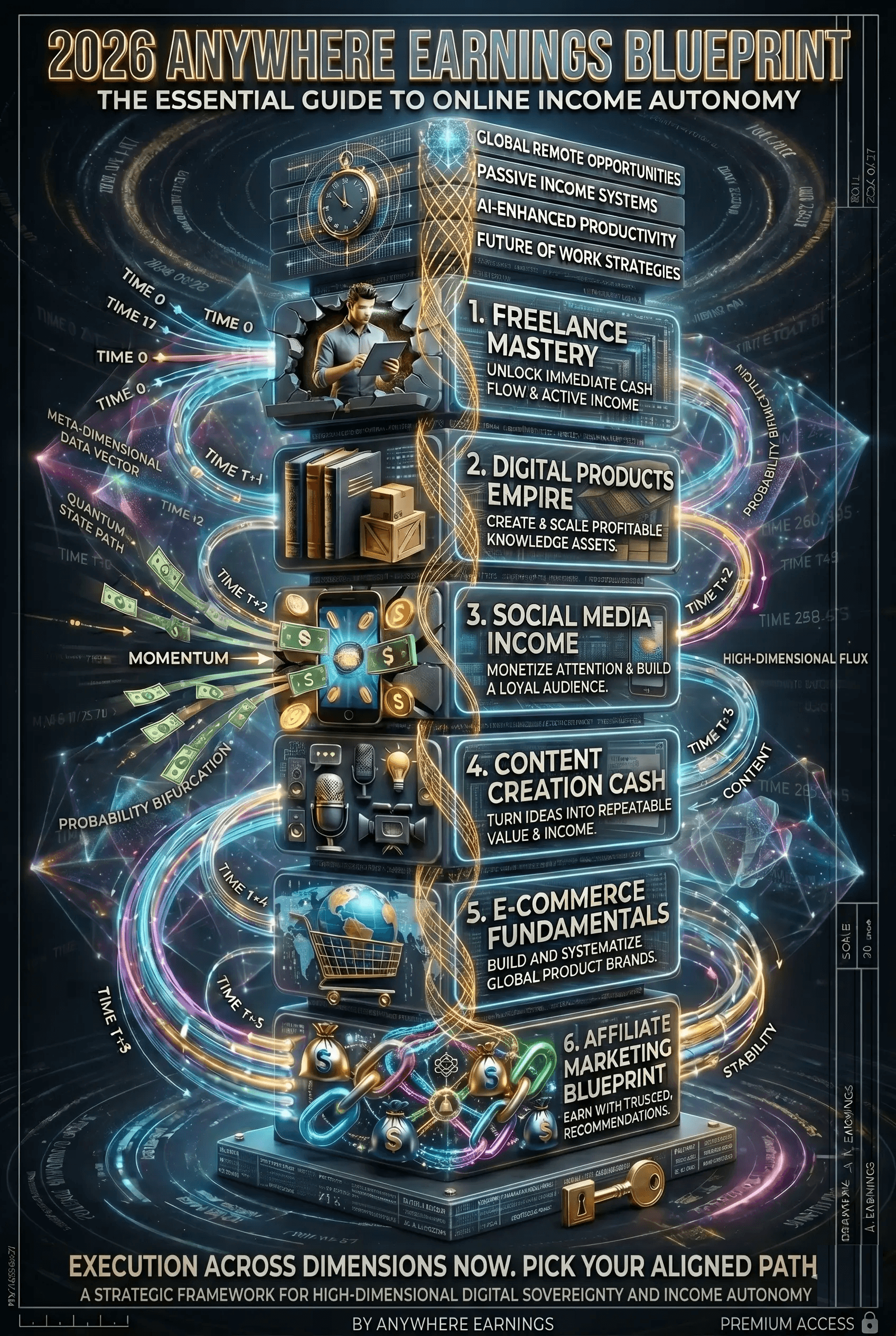 Comprehensive infographic titled "2026 Anywhere Earnings Blueprint: The Essential Guide to Online Income Autonomy." It features a stacked tower of six numbered earning pathways: 1. Freelance Mastery, 2. Digital Products Empire, 3. Social Media Income, 4. Content Creation Cash, 5. E-commerce Fundamentals, and 6. Affiliate Marketing Blueprint, each with its own description. The design is a futuristic, data-driven void with complex lines labeled 'quantum state path', 'meta-dimensional data vector', and 'probability bifurcation', all culminating in a call for 'Execution Across Dimensions Now' and 'Digital Sovereignty', with a golden padlock indicating premium access at the base.