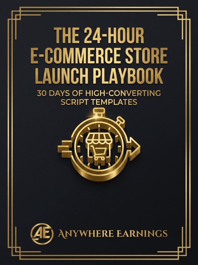 The 24-Hour E-Commerce Store Launch Playbook book cover featuring a gold stopwatch logo on a black and gold themed background.