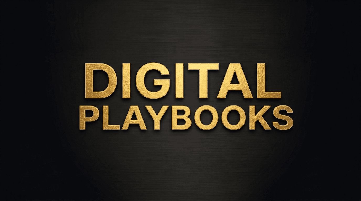 How to Sell Digital Playbooks: Featured guide header displaying 'DIGITAL PLAYBOOKS' in gold on a dark brushed metal background.