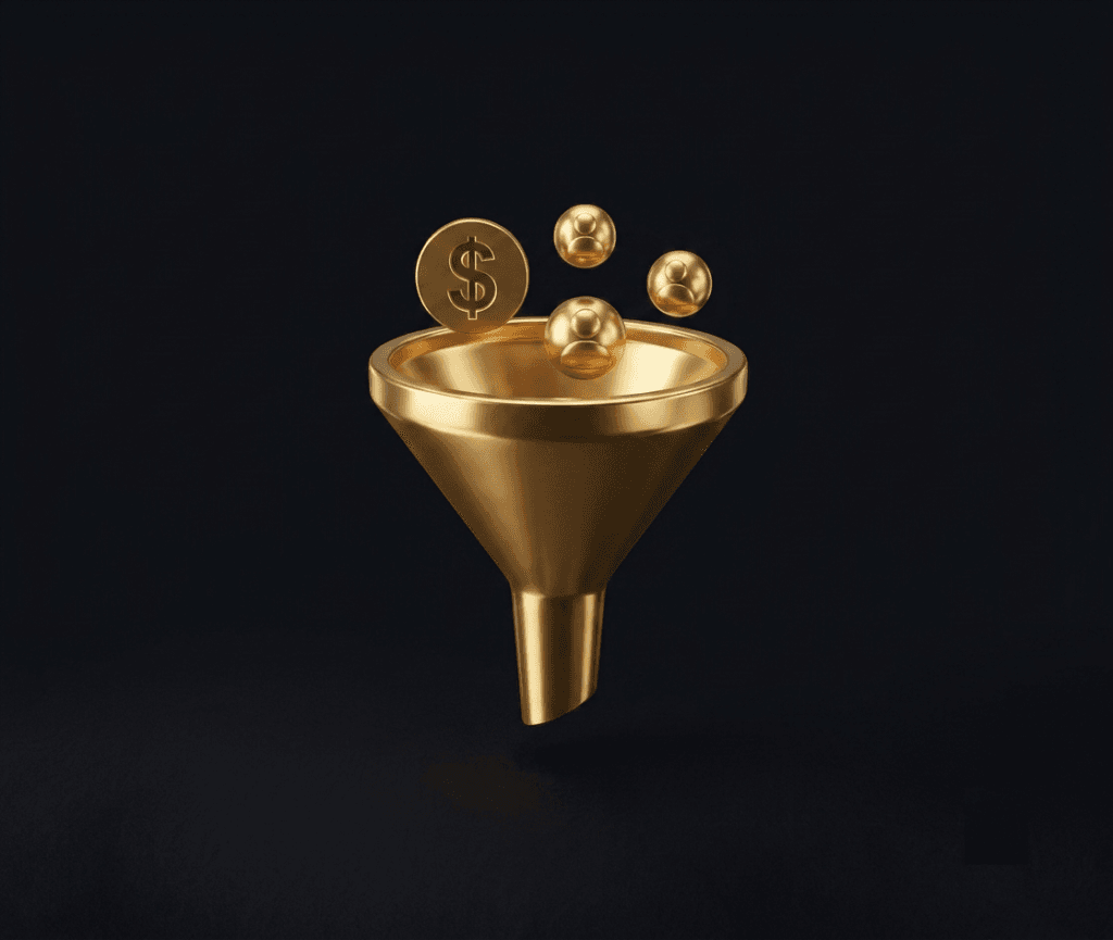 3D metallic gold funnel illustrating how to build a sales funnel for free