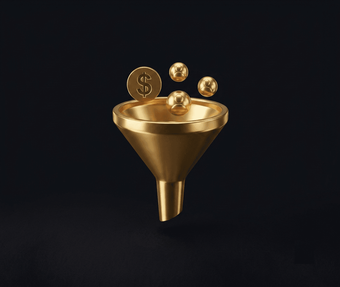 3D metallic gold funnel illustrating how to build a sales funnel for free