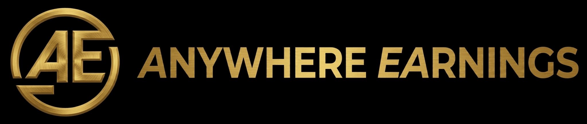 Gold "AE" circular logo alongside the text "ANYWHERE EARNINGS" in metallic gold against a solid black background, with the letter "A" italicized.