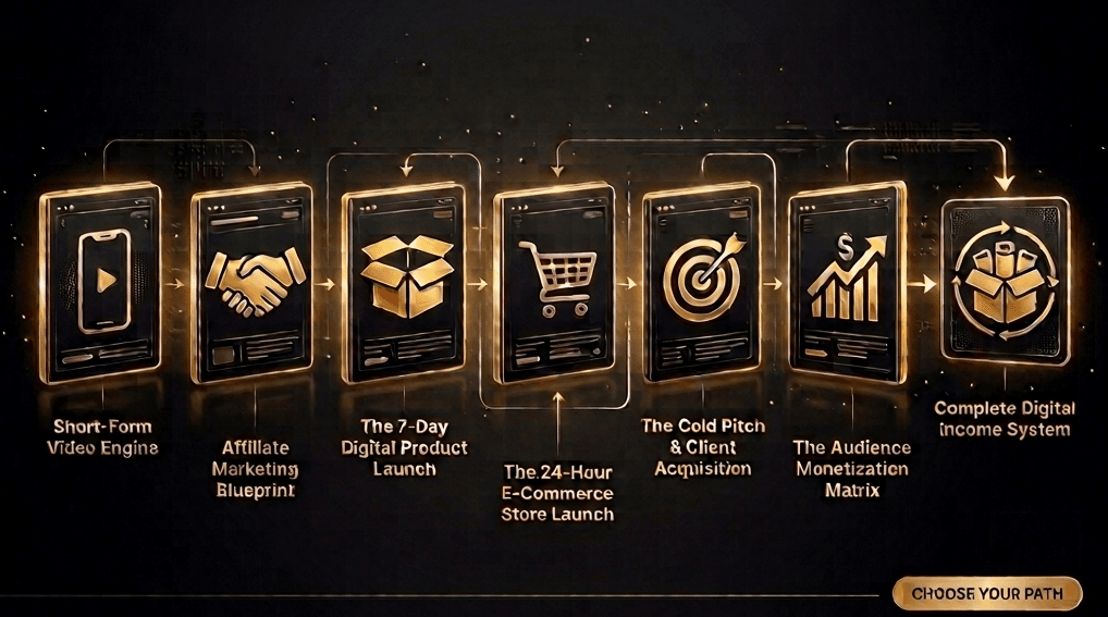 Flowchart roadmap showing a six-step online income playbooks system for digital asset building.