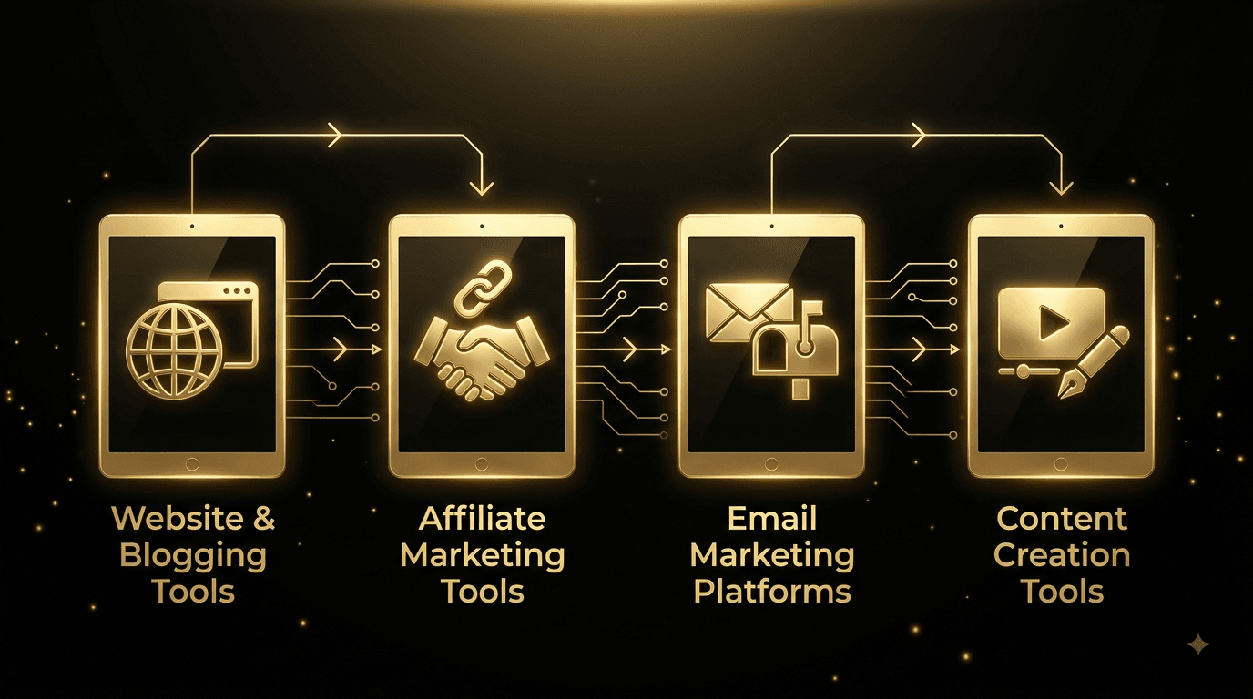 Infographic detailing online income resources including website tools, affiliate marketing, email platforms, and content creation.