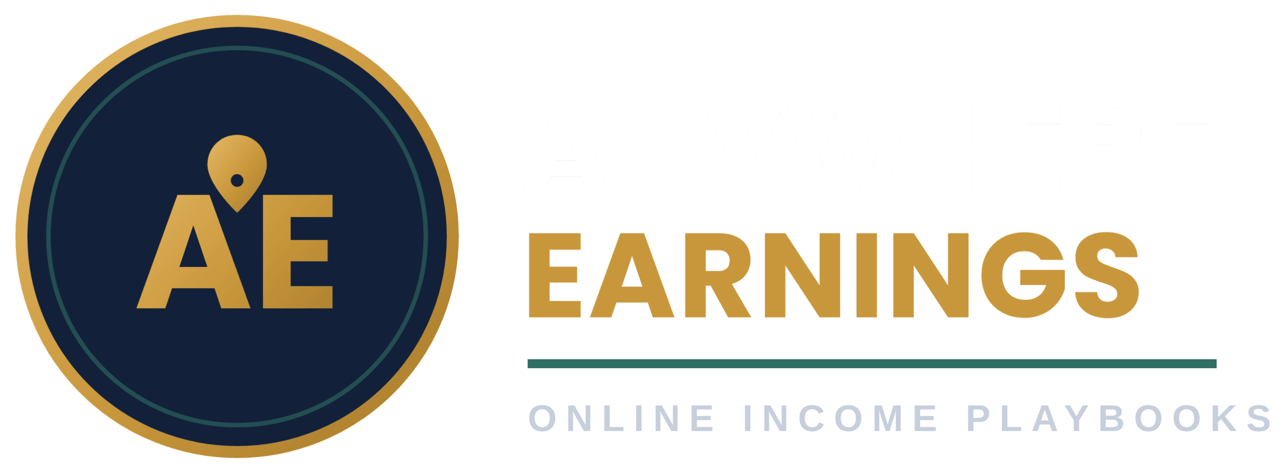 Anywhere Earnings logo, white and gold version — monogram badge with "Anywhere Earnings, Online Income Playbooks" wordmark