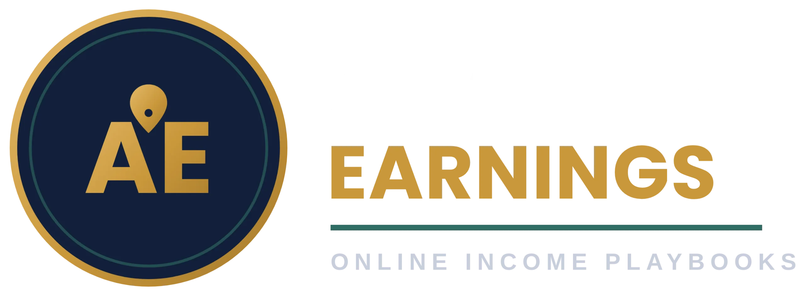 Anywhere Earnings logo, white and gold version — monogram badge with "Anywhere Earnings, Online Income Playbooks" wordmark