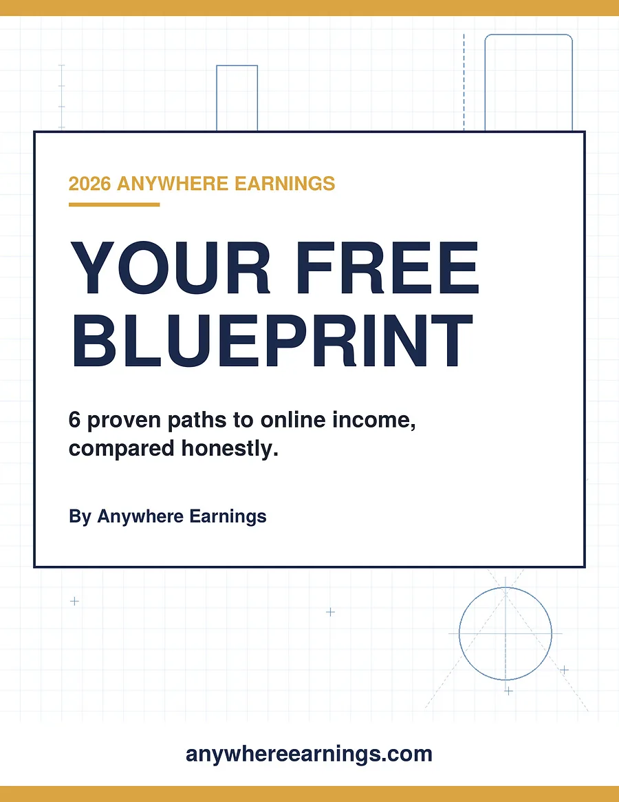 Your Free Blueprint cover from Anywhere Earnings, showing 6 proven paths to online income, compared honestly