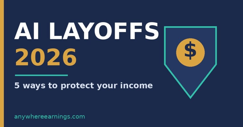 AI layoffs 2026 graphic with a shield and dollar sign: 5 ways to protect your income