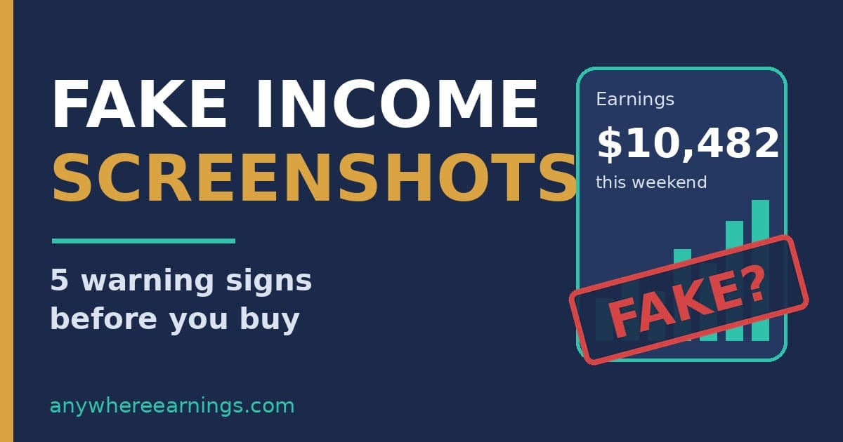 Fake income screenshots example: phone earnings card showing $10,482 this weekend with a red FAKE? stamp