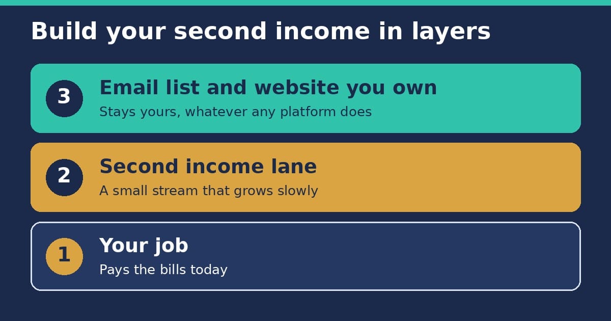 Three stacked layers: your job at the bottom, a second income lane in the middle, and an email list and website you own on top