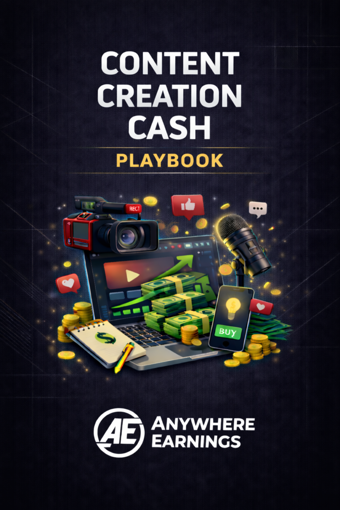 Content Creation Cash Playbook cover by Anywhere Earnings featuring laptop, camera, microphone, and cash illustrating how to turn content into scalable online income
