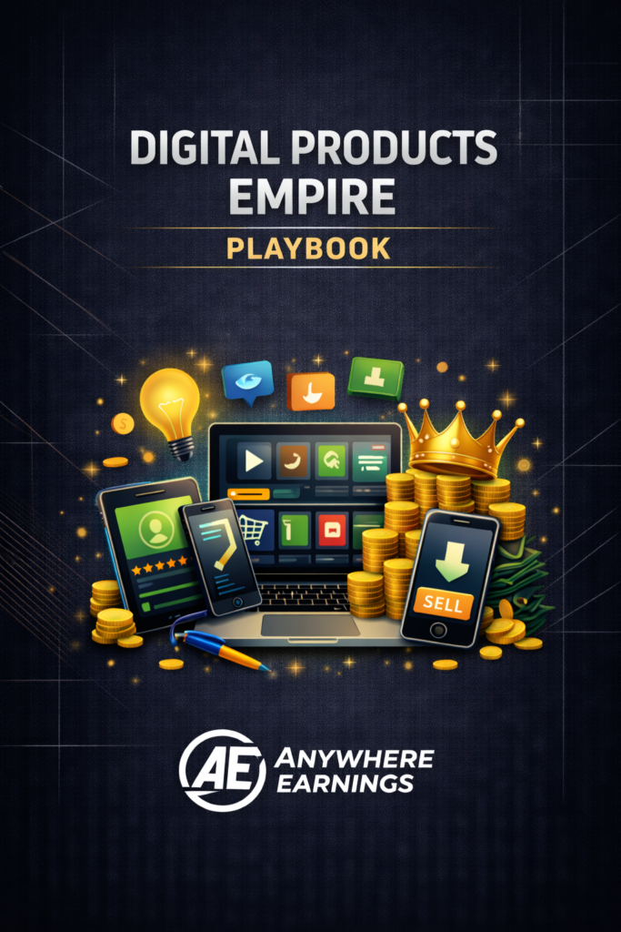 Digital Products Empire Playbook cover by Anywhere Earnings, featuring a guide to building and scaling profitable digital products.