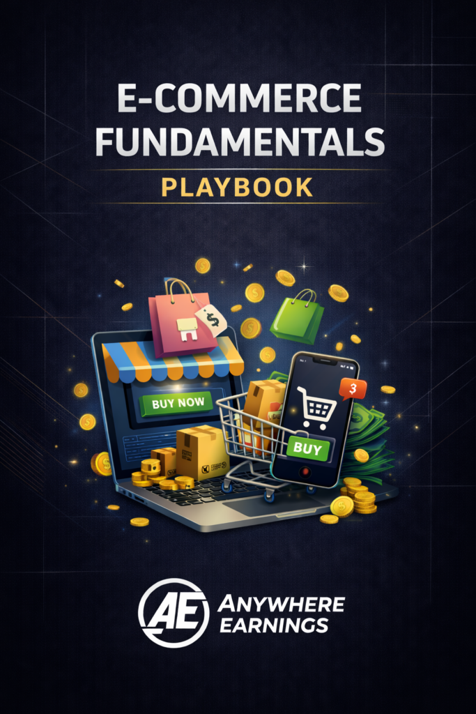E-Commerce Fundamentals Playbook cover by Anywhere Earnings, a guide to launching and scaling a profitable online store.