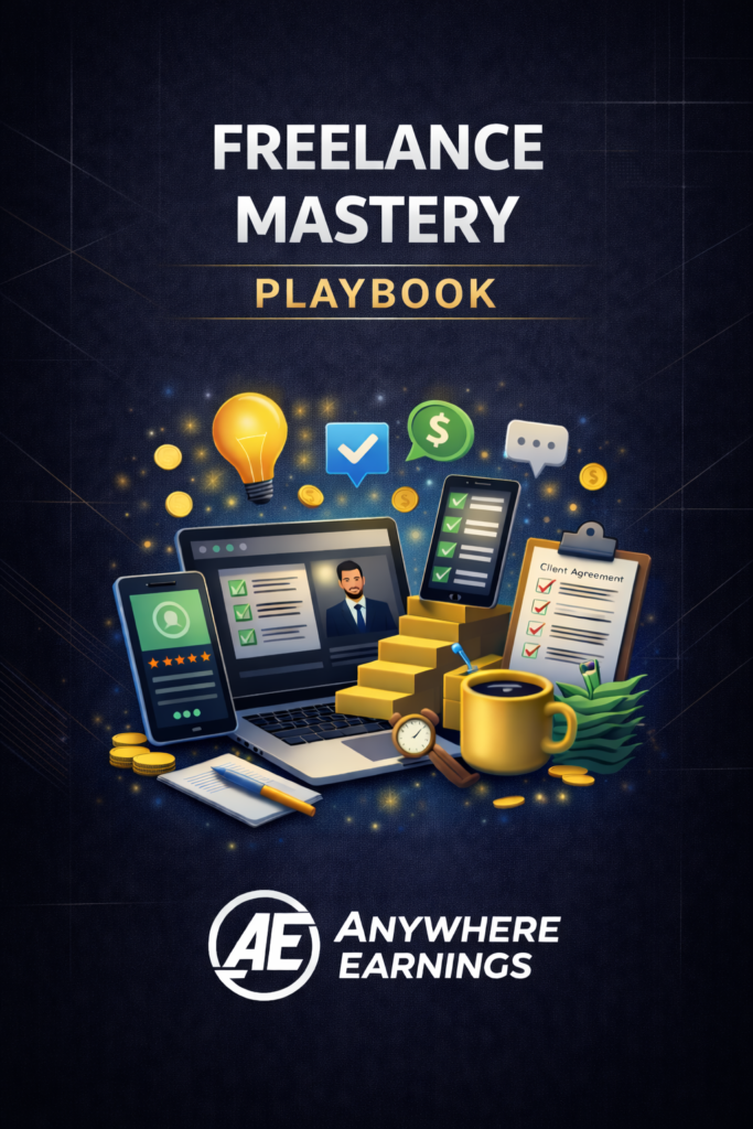 Freelance Mastery Playbook cover by Anywhere Earnings, a step-by-step guide to building a profitable freelance business from anywhere.
