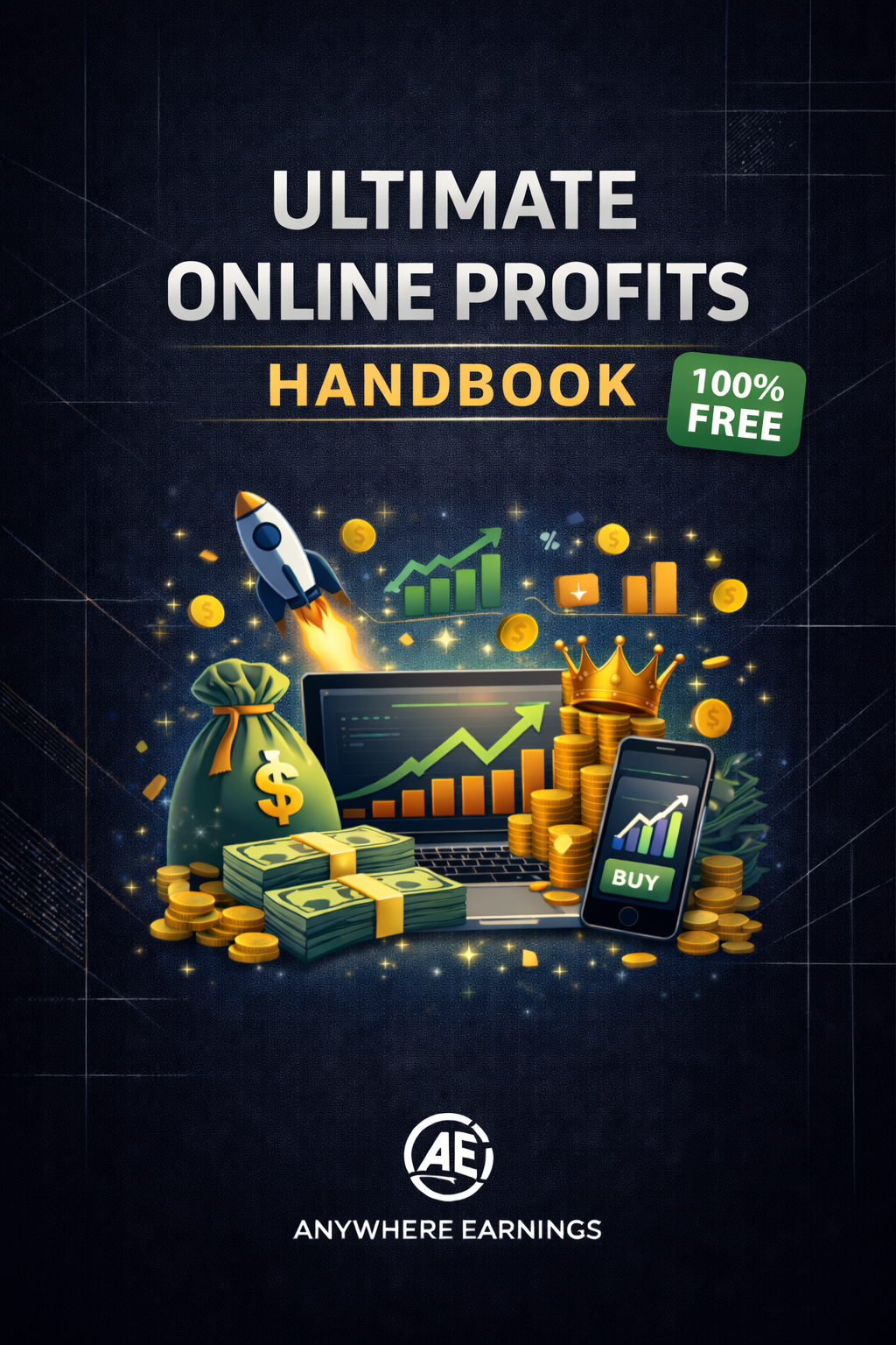 Ultimate Online Profits Handbook cover showing digital income growth, money stacks, charts, and online business tools representing making money online