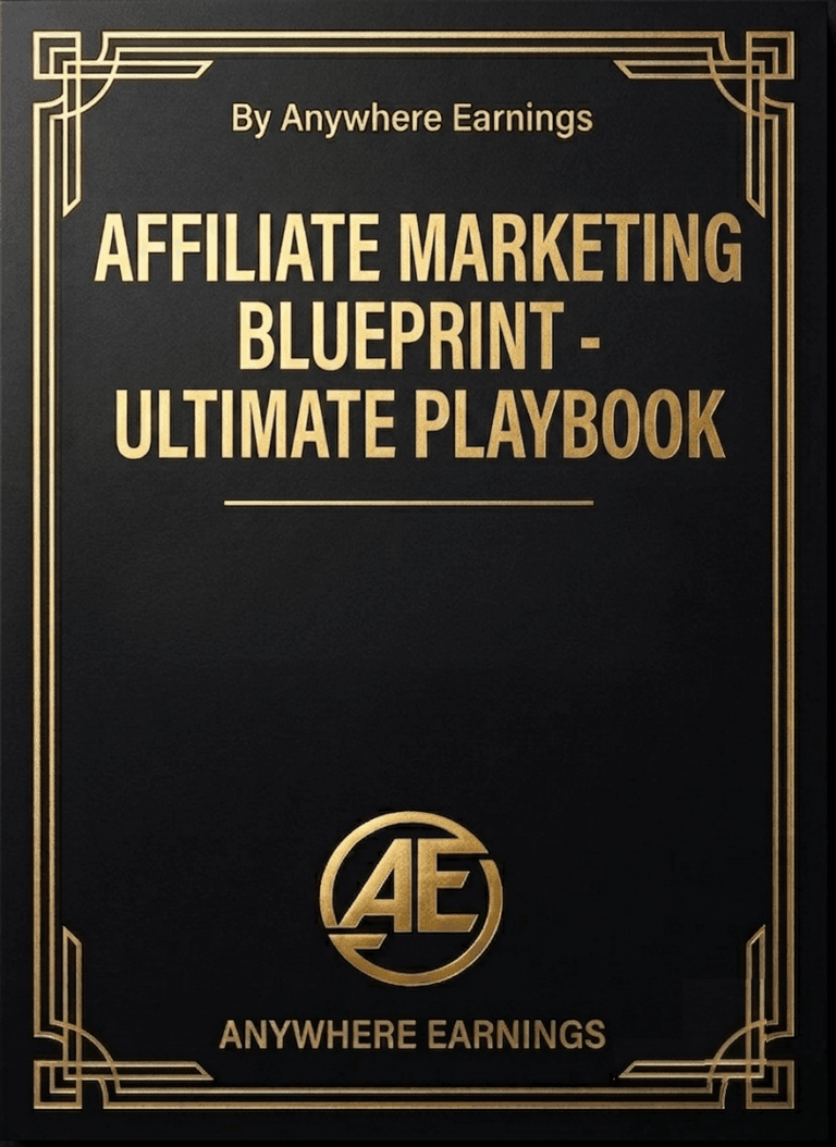 Black and gold ebook cover for Affiliate Marketing Blueprint - Ultimate Playbook by Anywhere Earnings.