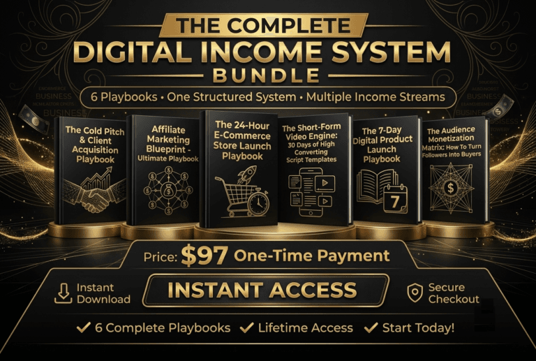 Complete digital income system bundle 3D mockup featuring six premium black and gold digital business playbooks arranged on an illuminated golden pedestal.