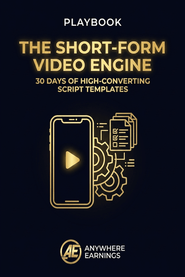 A dark blue cover for a playbook titled "The Short-Form Video Engine: 30 Days of High-Converting Script Templates" featuring a gold outline graphic of a smartphone, gears, and a script document.