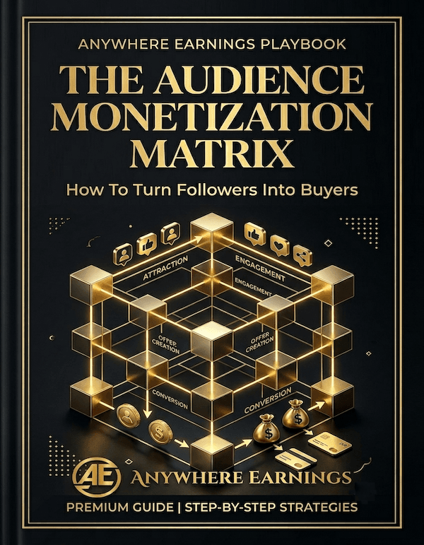 Black and gold book cover for The Audience Monetization Matrix by Anywhere Earnings featuring a 3D isometric grid illustration